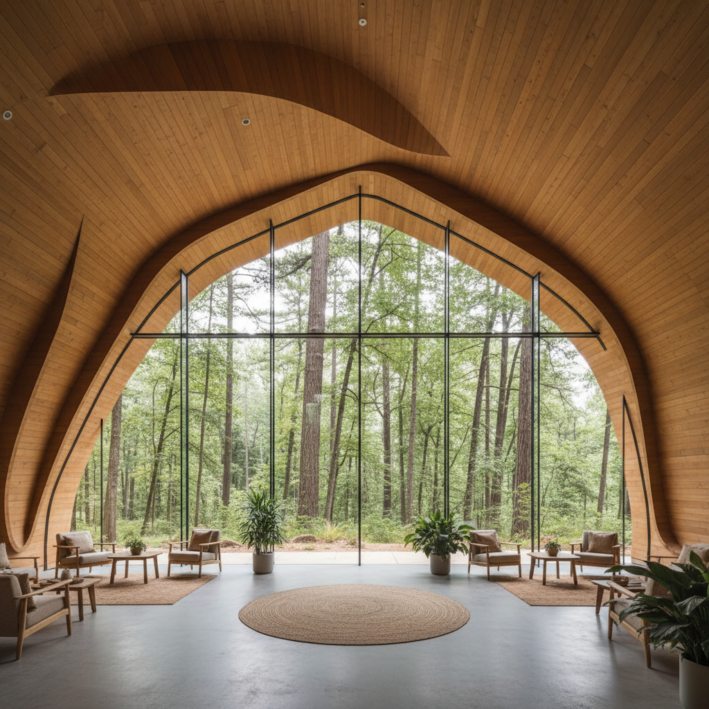 Modern retreat center with warm wood ceilings, curved walls, and floor-to-ceiling windows overlooking forest
