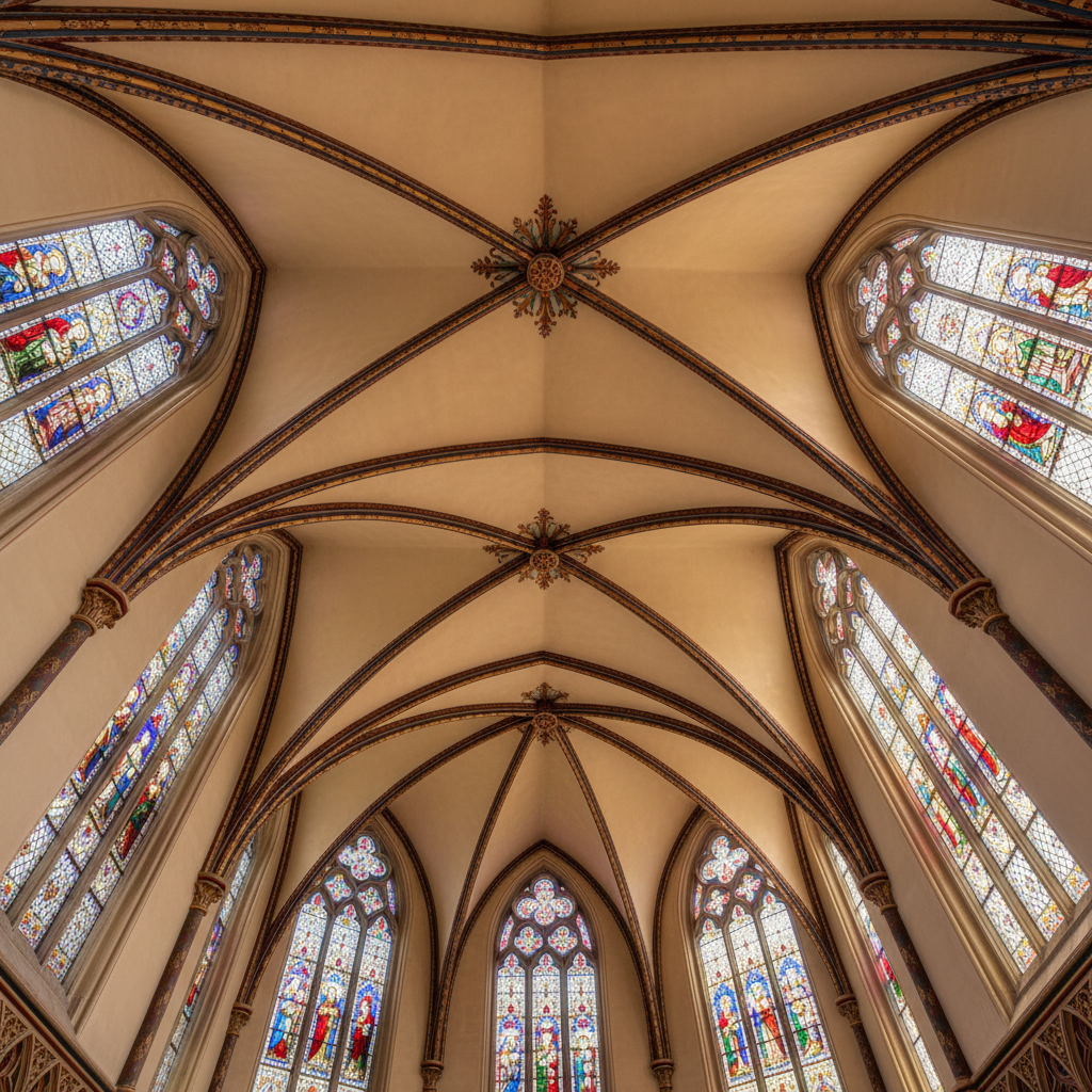 Vaulted church nave ceiling with restored painted arch ribs and plaster panels in warm cream tones