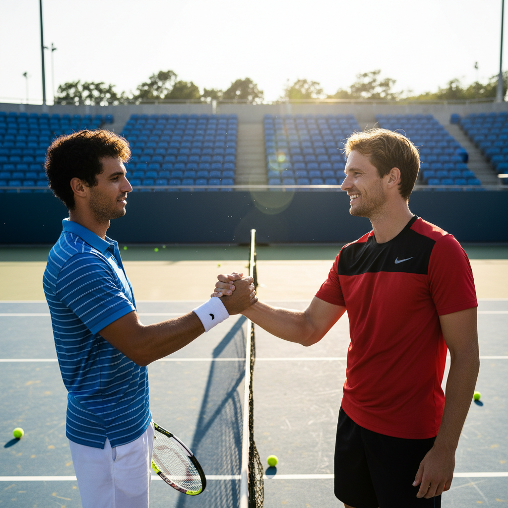 Two competitive tennis players shaking hands over net after intense match on hard court