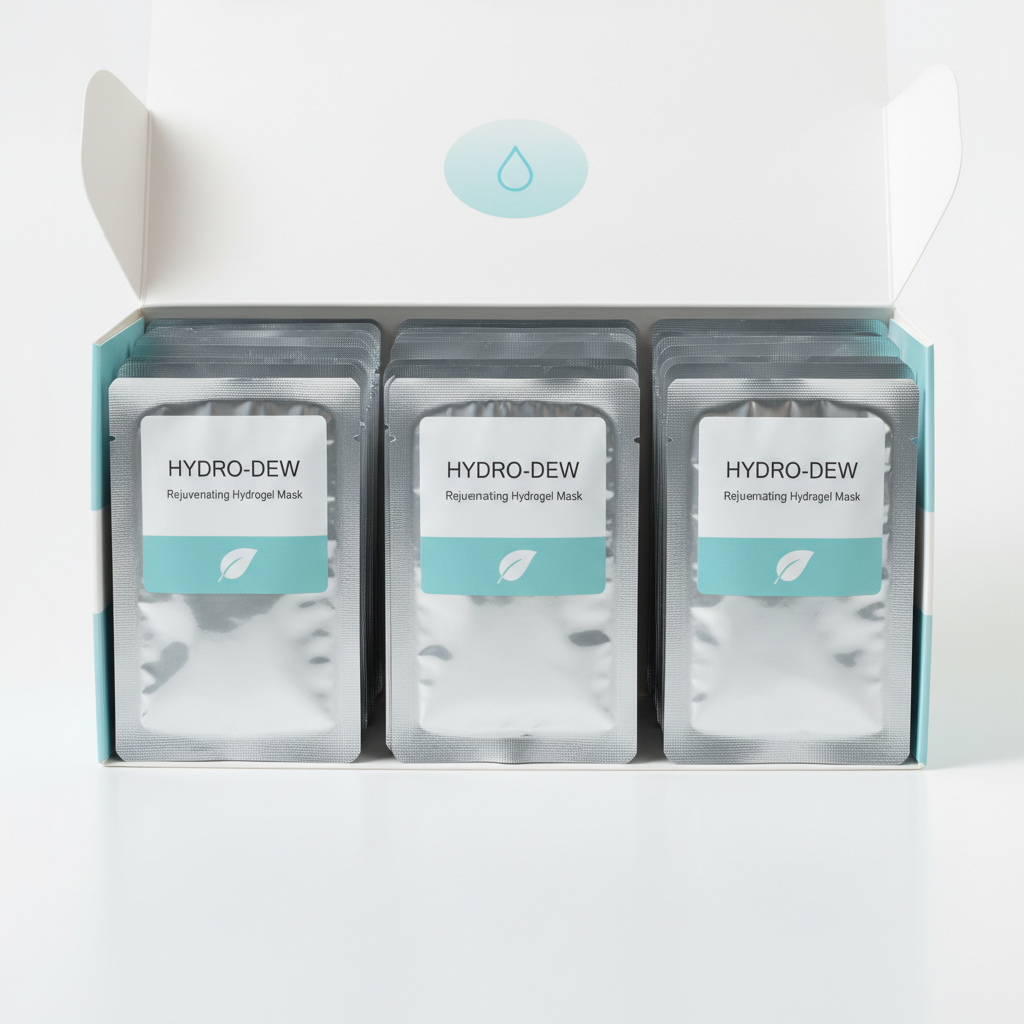Hydrogel sheet masks in individual foil packets stacked in box