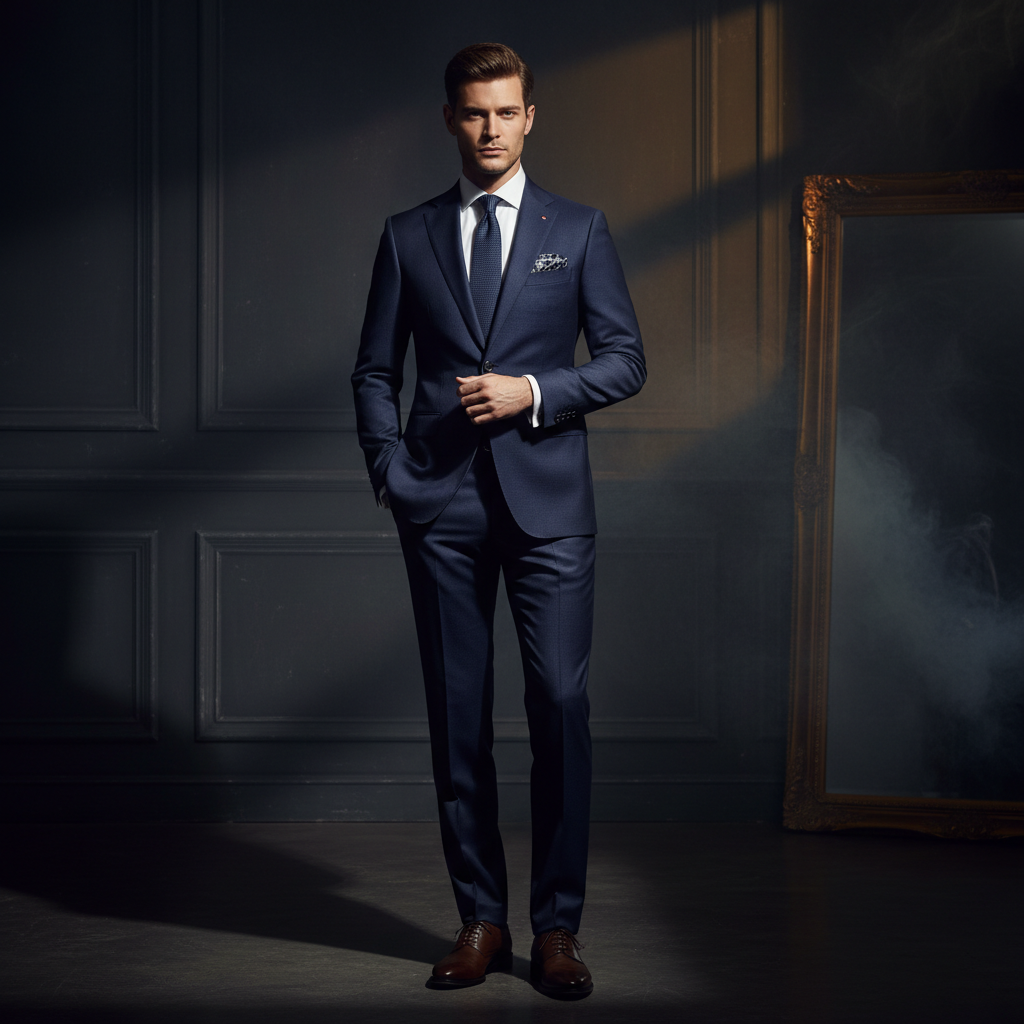 SLF Men Atelier Collection — a man in a perfectly tailored dark charcoal suit in a minimalist white studio with dramatic side lighting