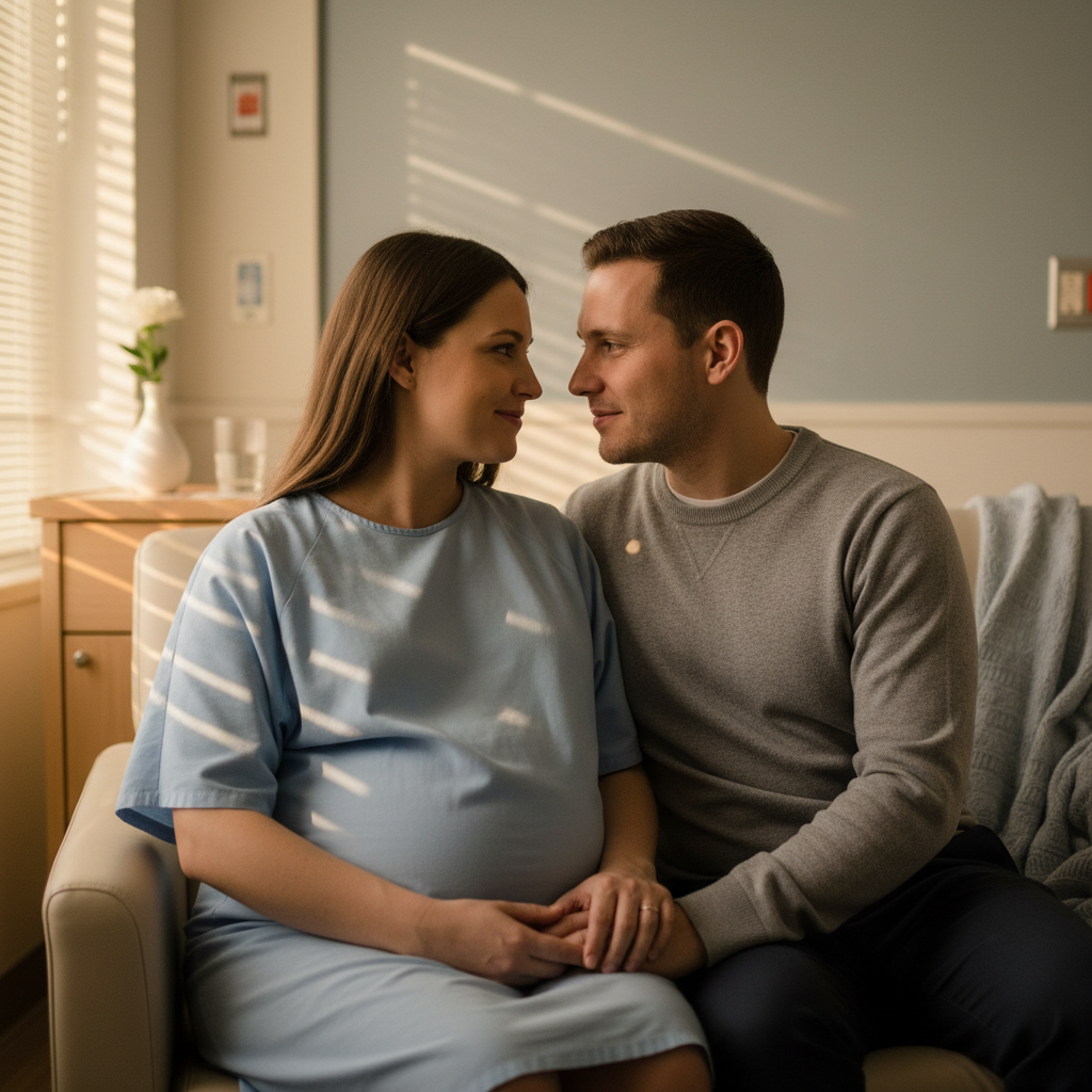 Pregnant woman and partner sitting together in a calm hospital room, warm afternoon light through window blinds