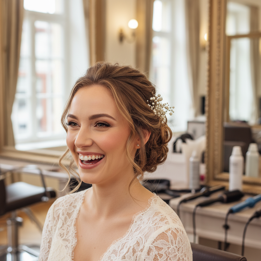 Bride with elegant updo smiling warmly, soft white background