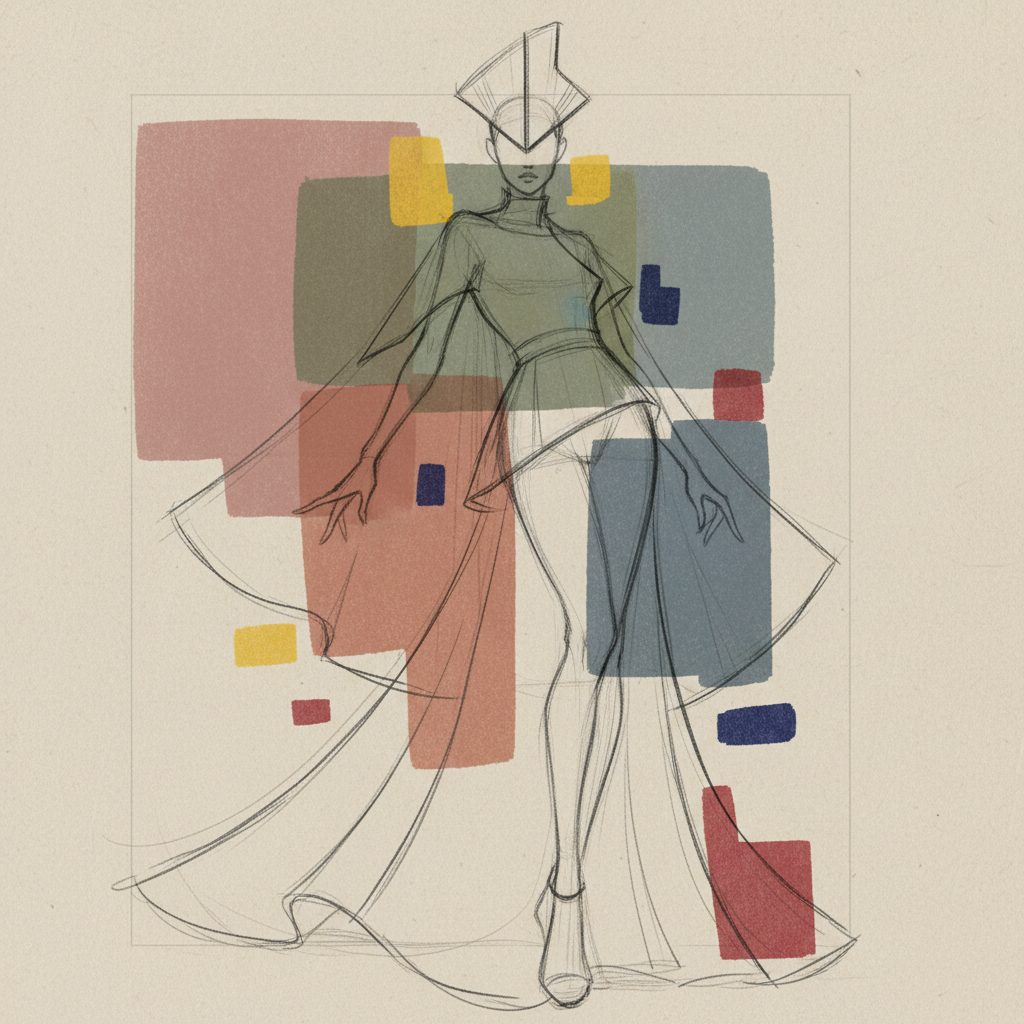 Digital color study over pencil sketch — loose color blocking in a muted editorial palette with key accent colors tested