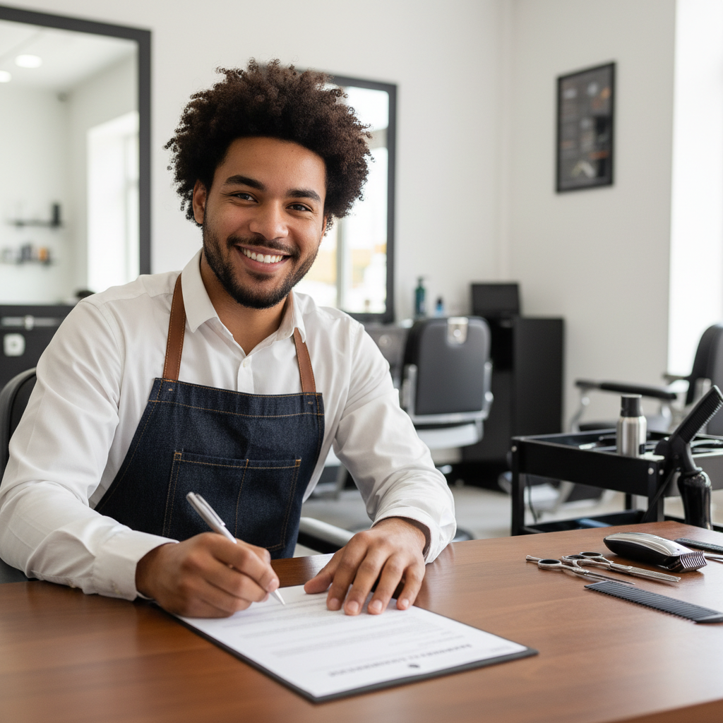 Graduate barber signing lease agreement at barbershop smiling with pride
