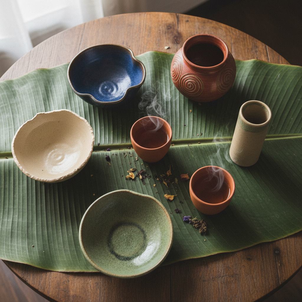 Overhead mâm spread — every bowl distinct, banana leaf placemat, clay cups of tea