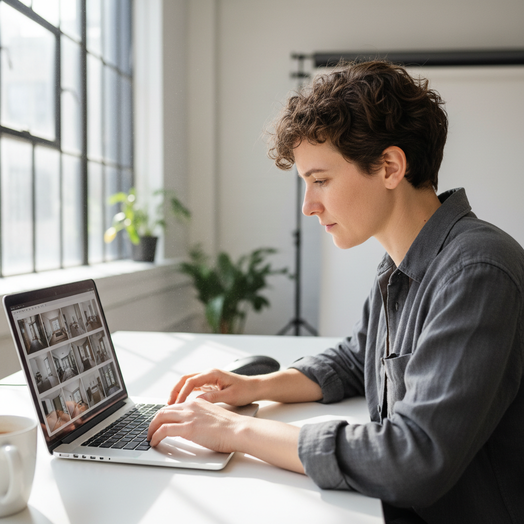 Jordan, a young creative professional reviewing photos on a laptop in a studio