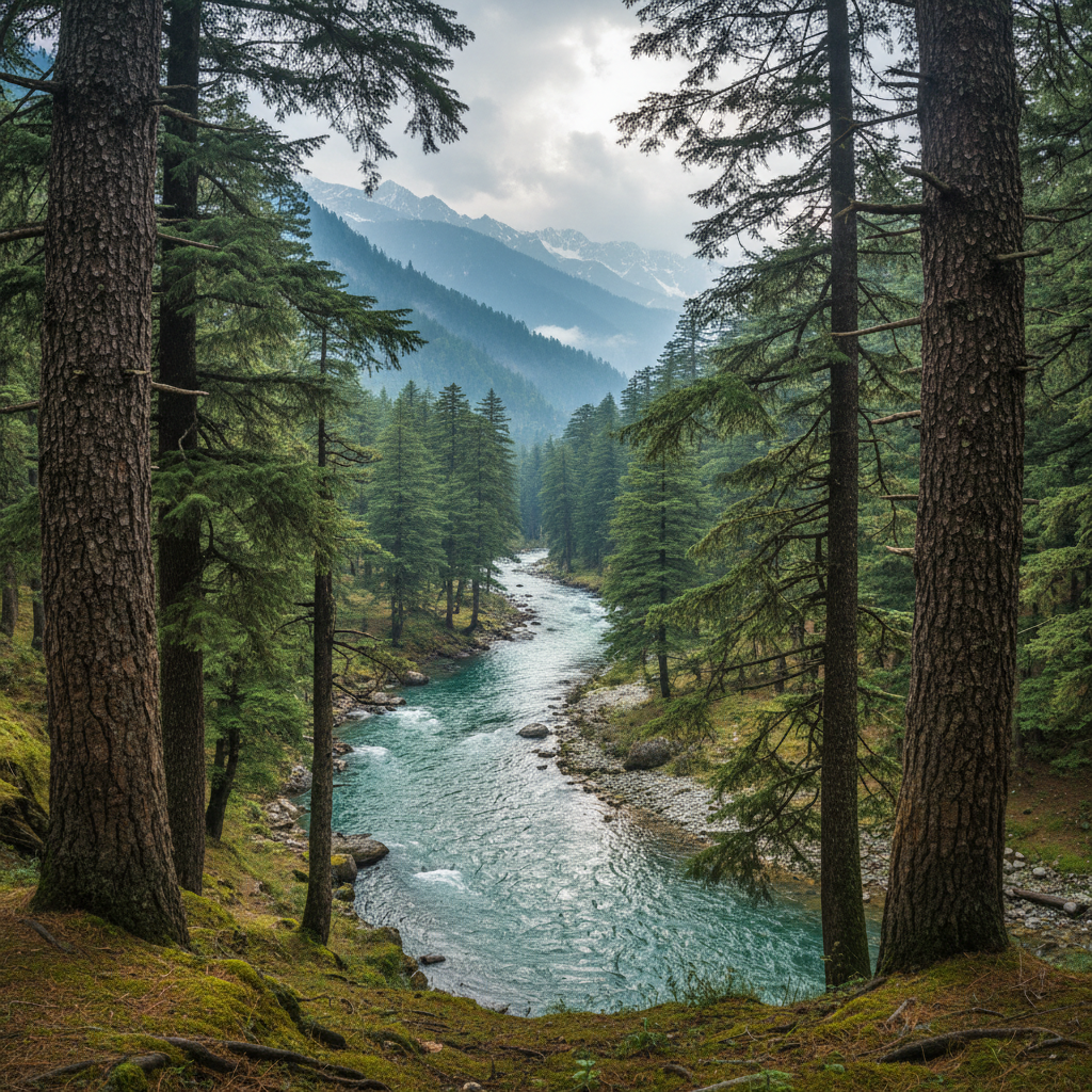 Parvati River flowing through pine forests in Kasol Himachal Pradesh