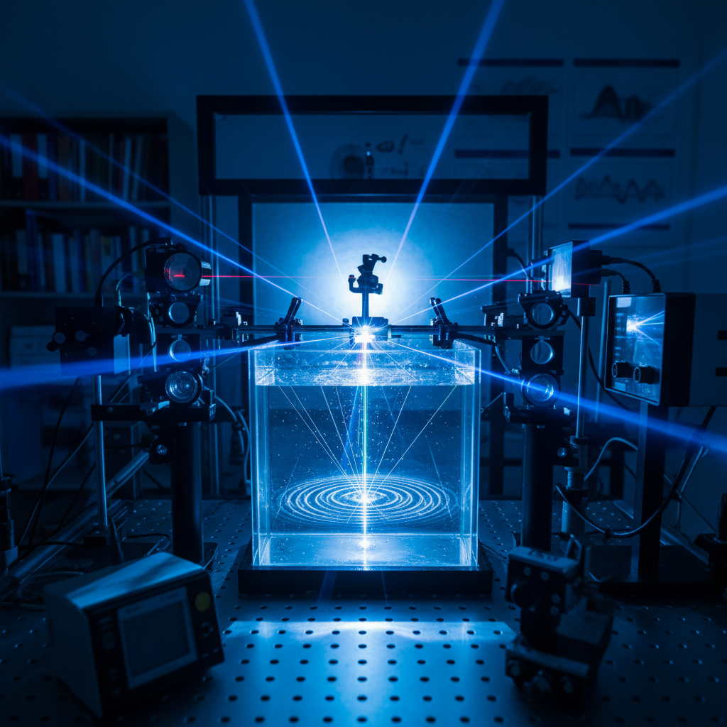 Physics laboratory with pendulum and motion equipment, cool blue atmospheric lighting
