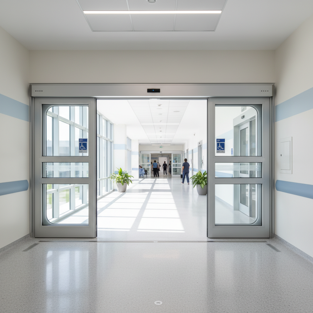 Modern hospital hallway with bright lighting, clean medical facility, professional healthcare environment