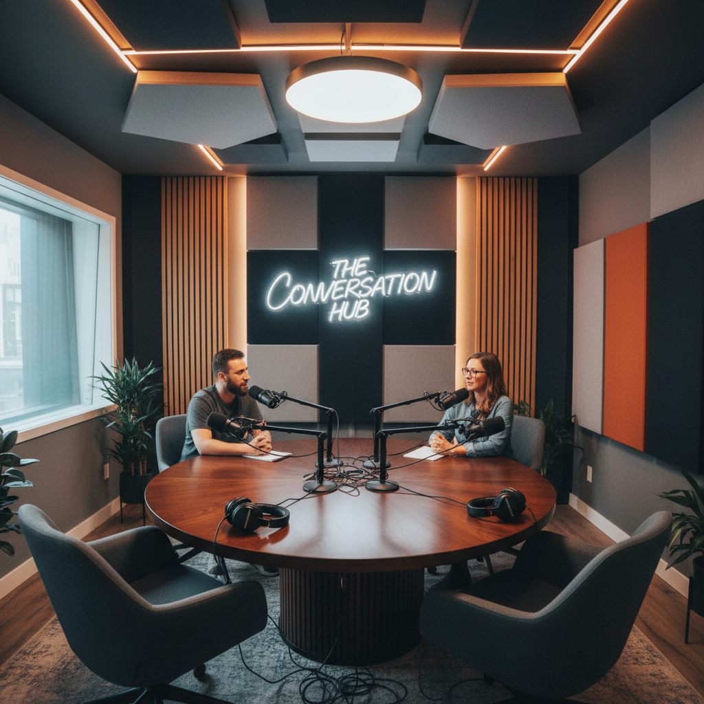Intimate podcast booth with broadcast microphones and acoustic foam walls