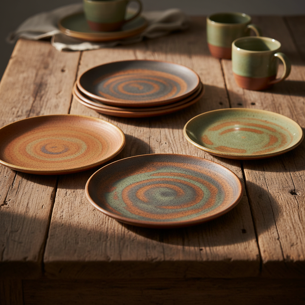 Complete handmade ceramic dinnerware set arranged on a table with warm natural styling