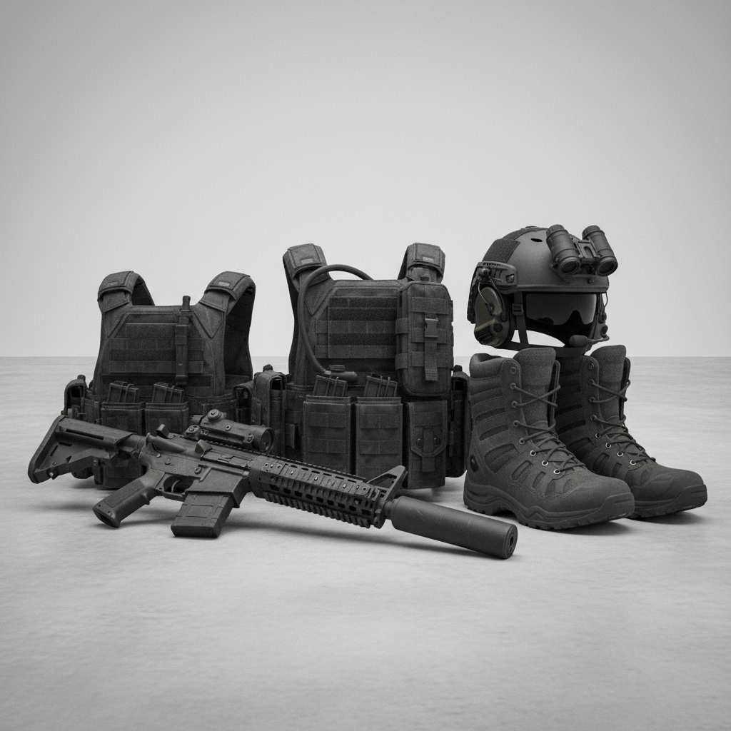 Tactical rifle accessories and optic mounts on dark surface, black metal hardware