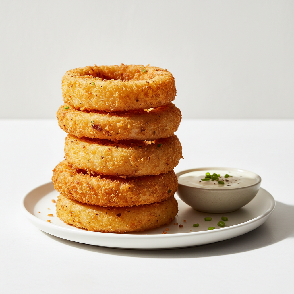 Golden crispy onion rings stacked in pile with dipping sauce