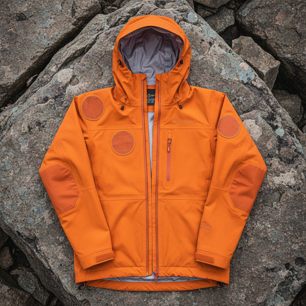 Orange GORE-TEX shell jacket on snowy mountain