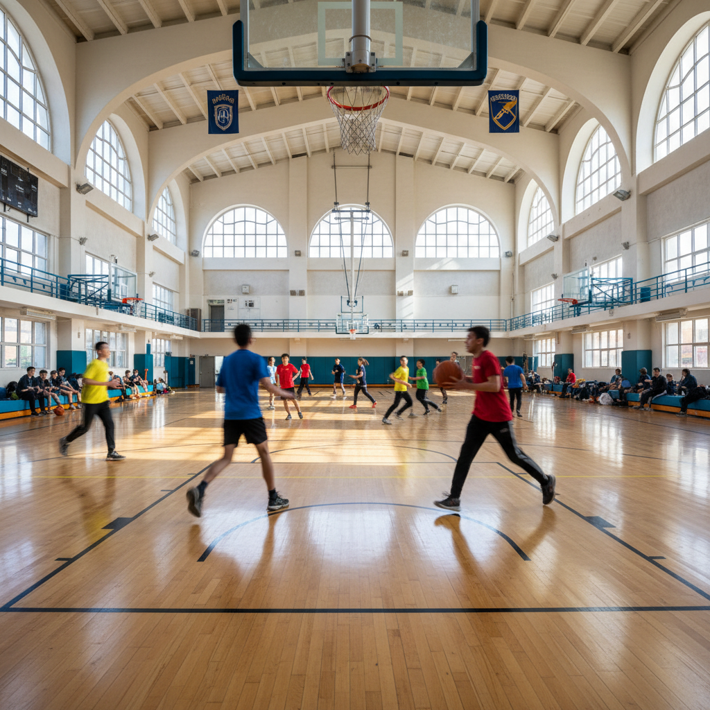 University sports facility with students playing basketball indoors, bright overhead gymnasium lighting, modern sports hall