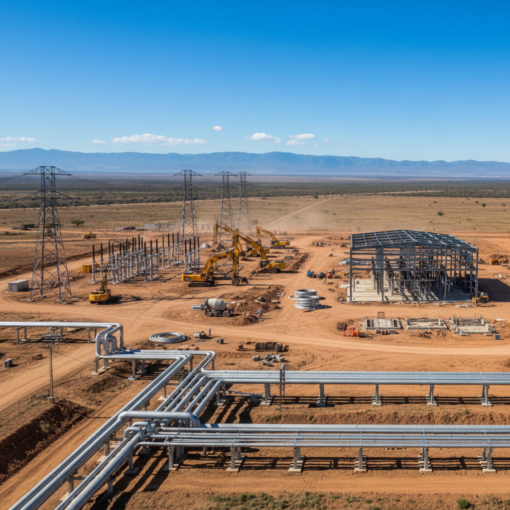 Wide panoramic view of Eastern Cape South African infrastructure installation, bright daylight, open landscape