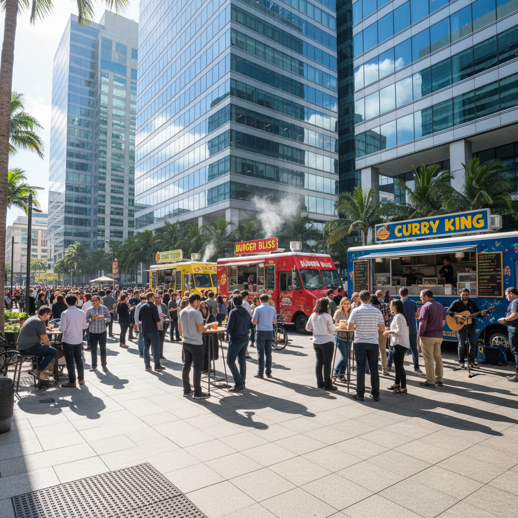 Glass office towers with lunch crowd gathering at a street-level food truck