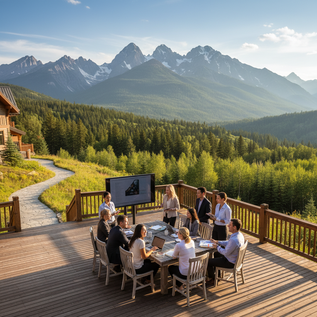 Corporate team meeting in mountain resort conference room with large windows showing Kashmir valley view