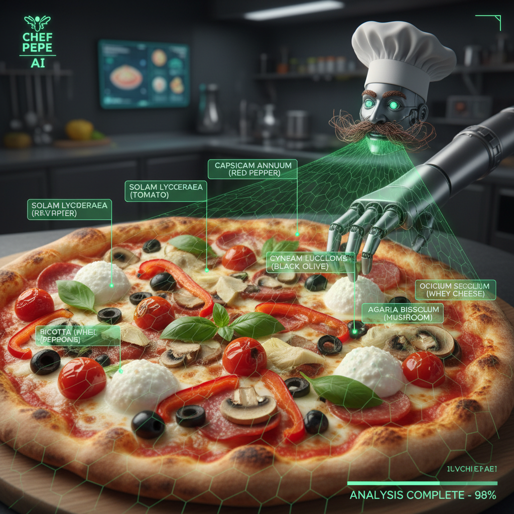 Close-up pizza with colorful toppings being analyzed by Chef Pepe AI — green scanning overlay with ingredient labels appearing around each topping