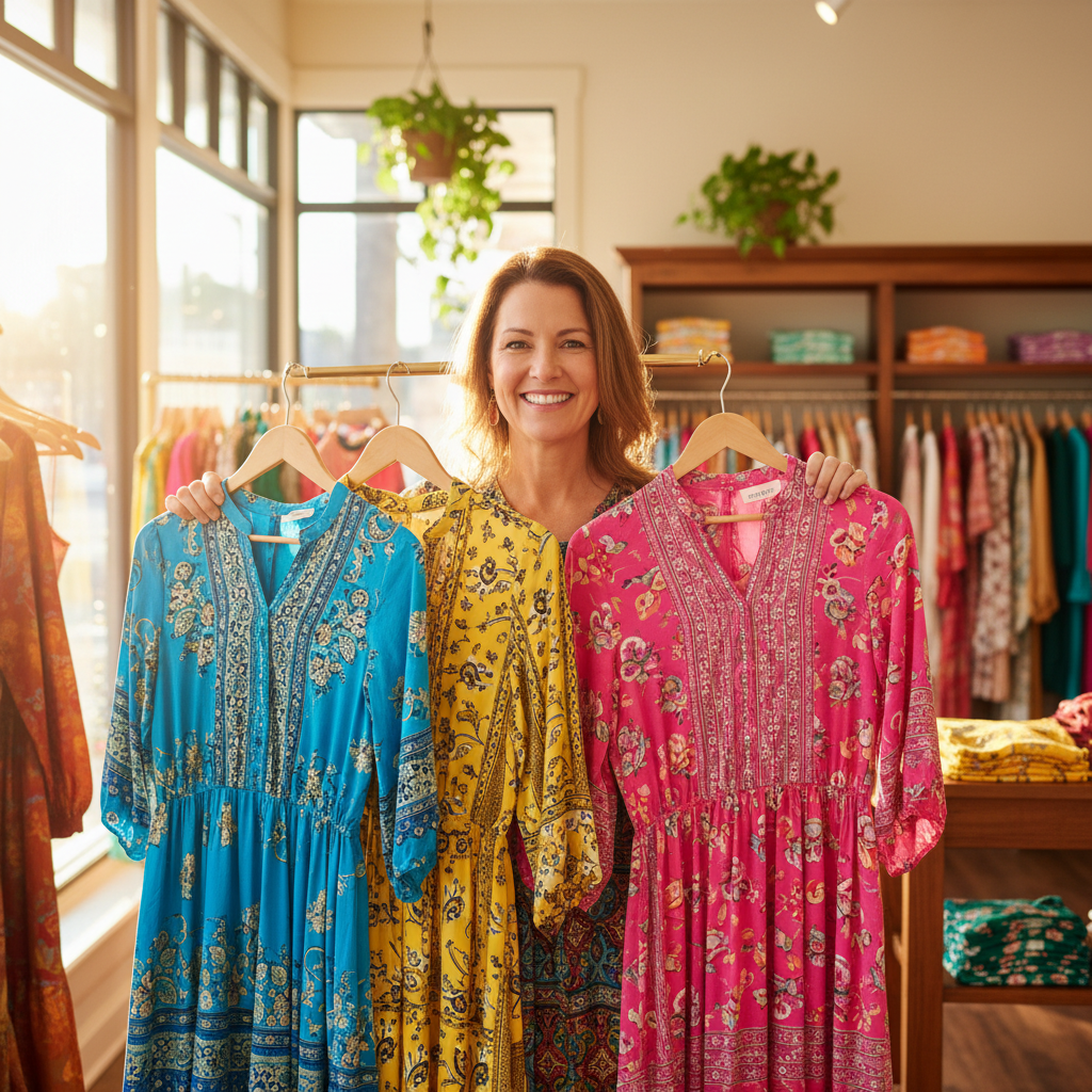 Happy woman shopping for dresses in a bright boutique, smiling and holding garments