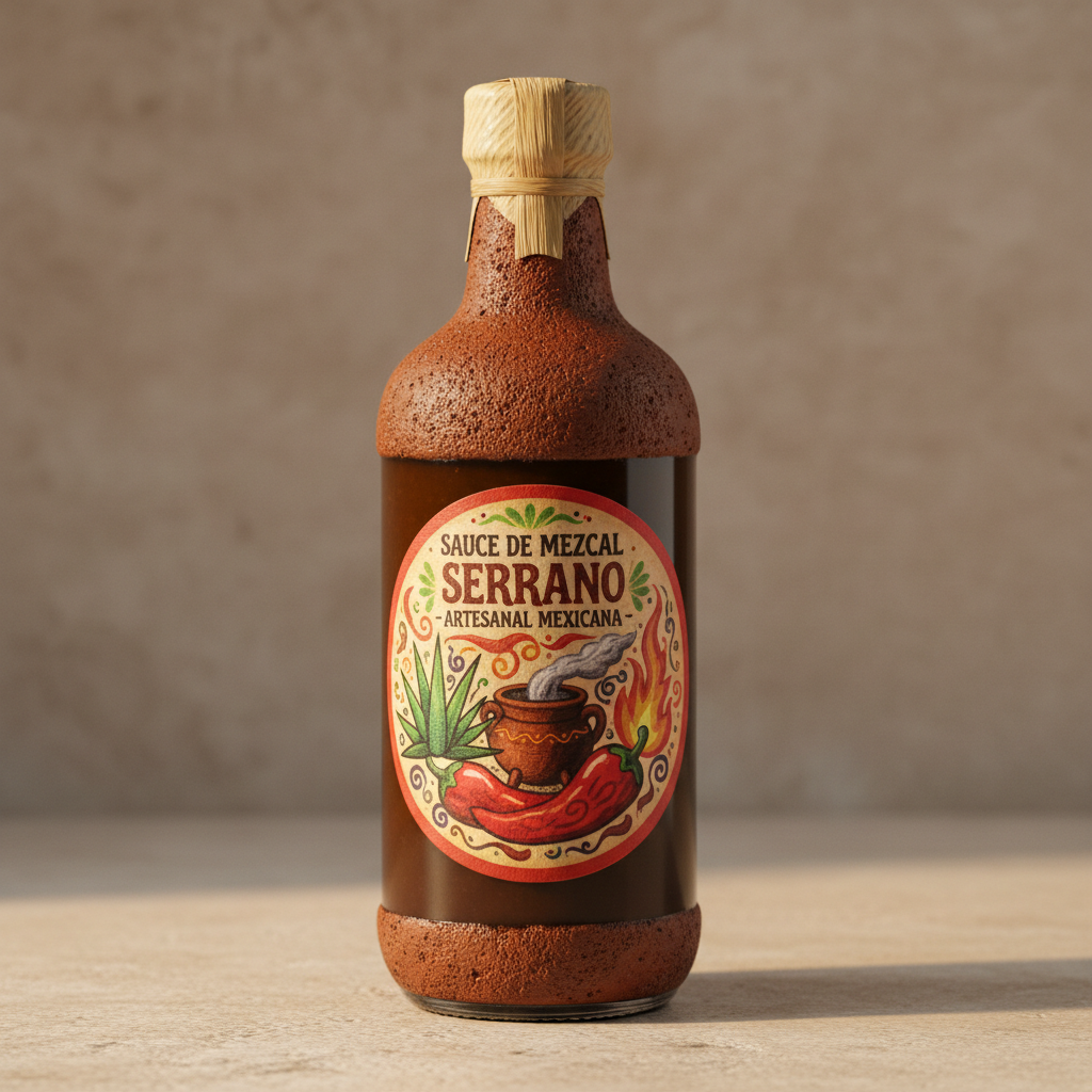 Dark brown mezcal serrano sauce in a clay-colored bottle with Mexican folk art label