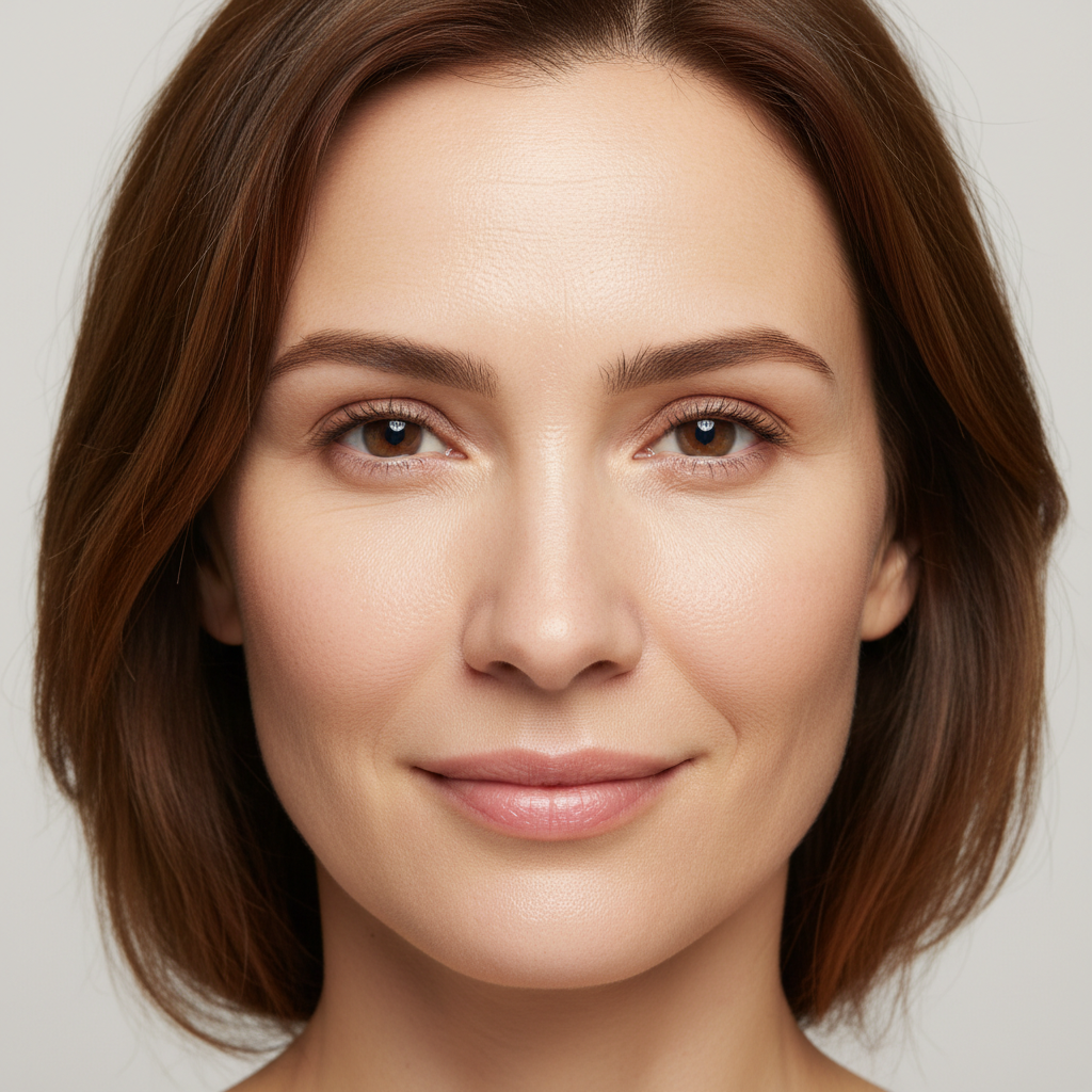 Mid-thirties woman, honest studio lighting, visible skin texture improvement day thirty