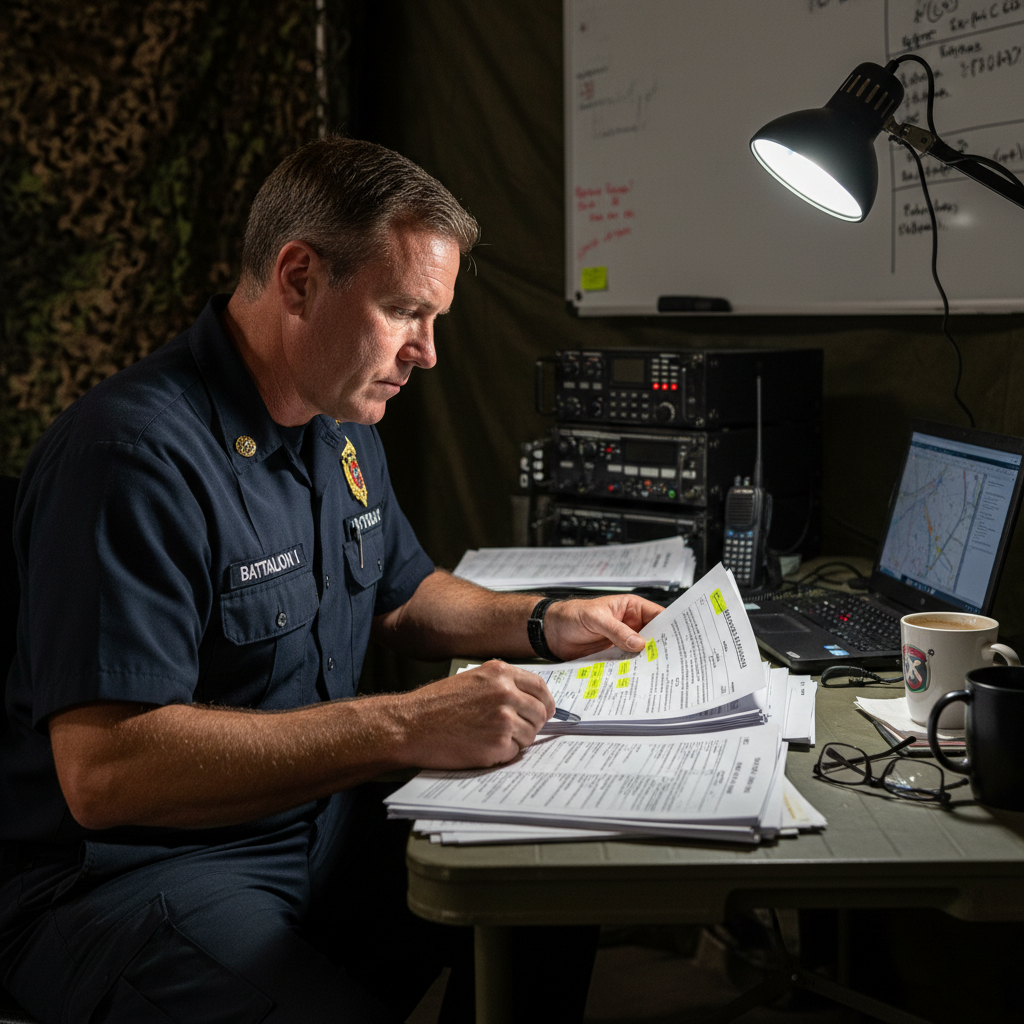 Battalion Chief Robert Delacroix at command post desk reviewing after-action reports
