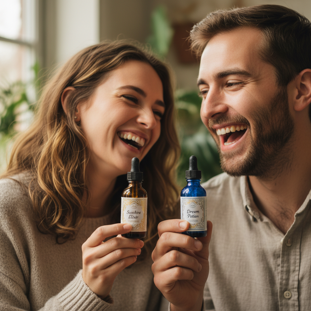 Young couple laughing together holding small tincture bottles