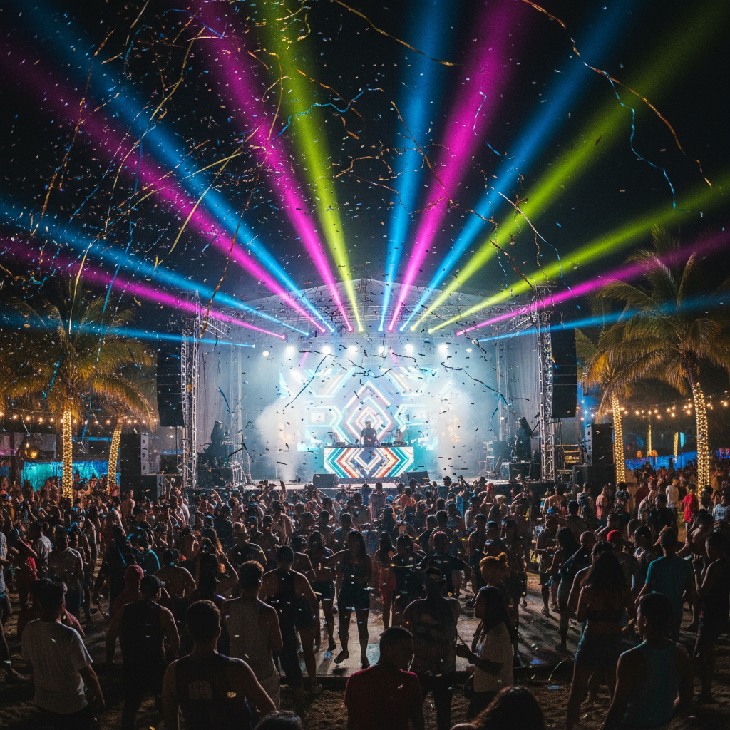 Vibrant reggaeton nightclub in Santiago with colorful lights