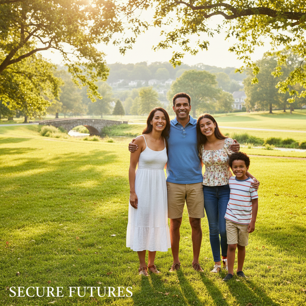 Happy family of four outdoors in a sunlit park, parents and children laughing together, warm golden light