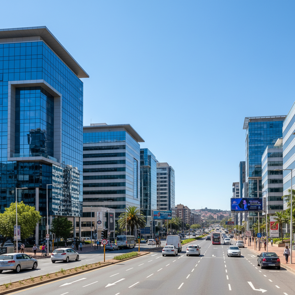 Commercial district in Fourways, modern office buildings, wide road, sunny day