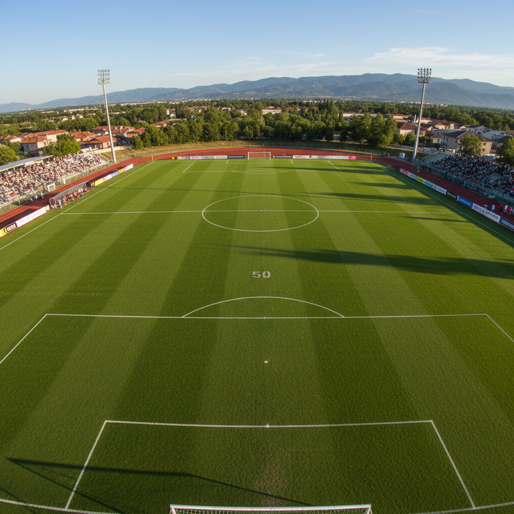 Football stadium aerial view, bright green pitch, stadium atmosphere