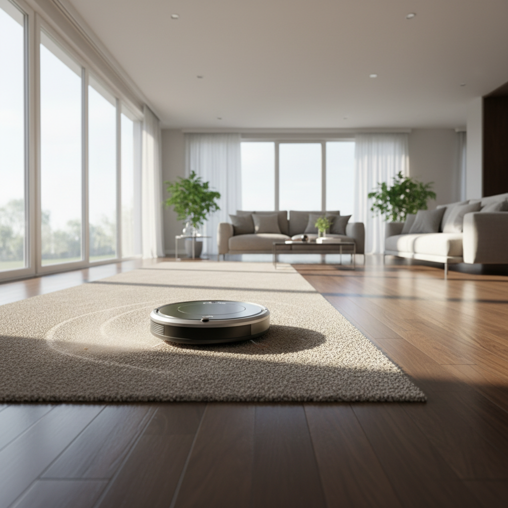Clean bright living room with robot vacuum on hardwood floor, sparkling surfaces, modern home
