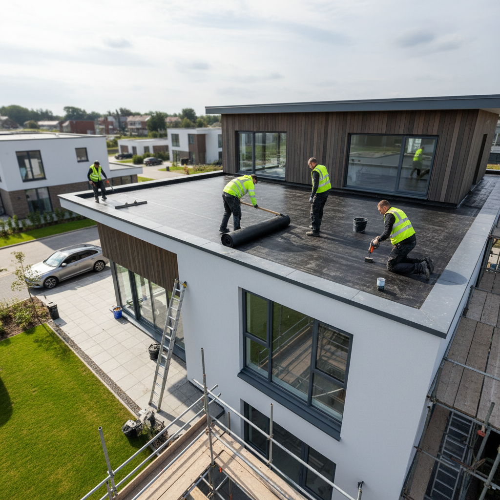 Waterproofing membrane being applied to flat roof surface