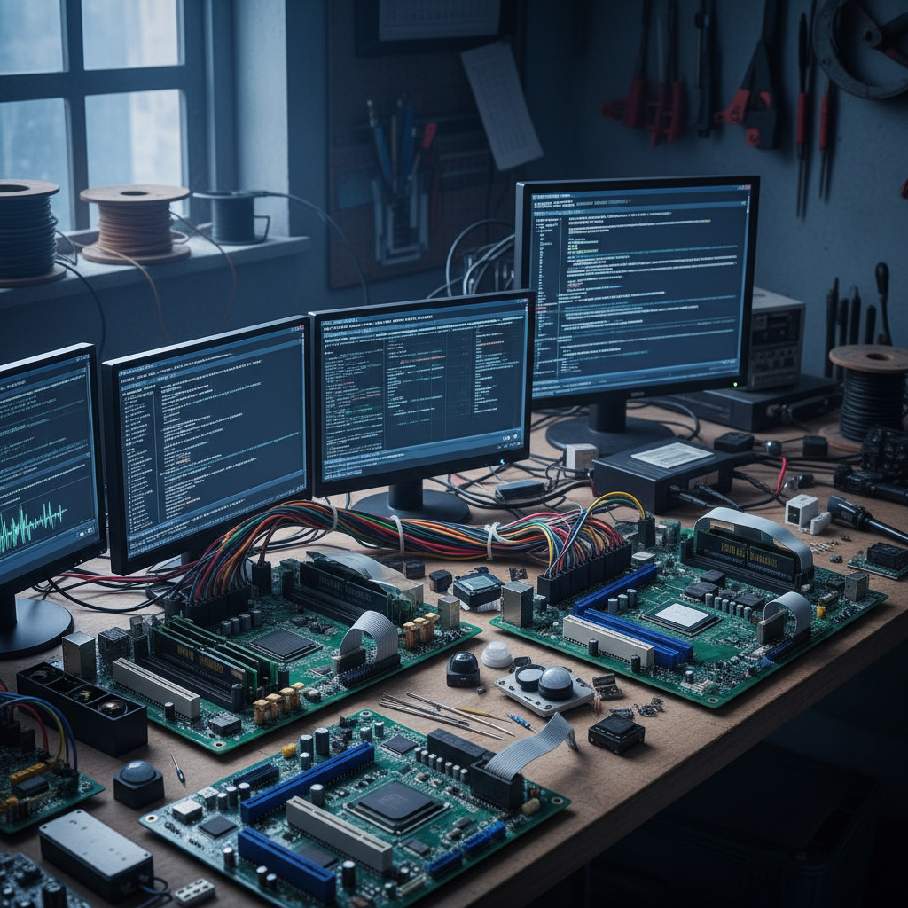 Engineer working on electronic hardware development with multiple monitors showing circuit diagrams and code in modern tech lab