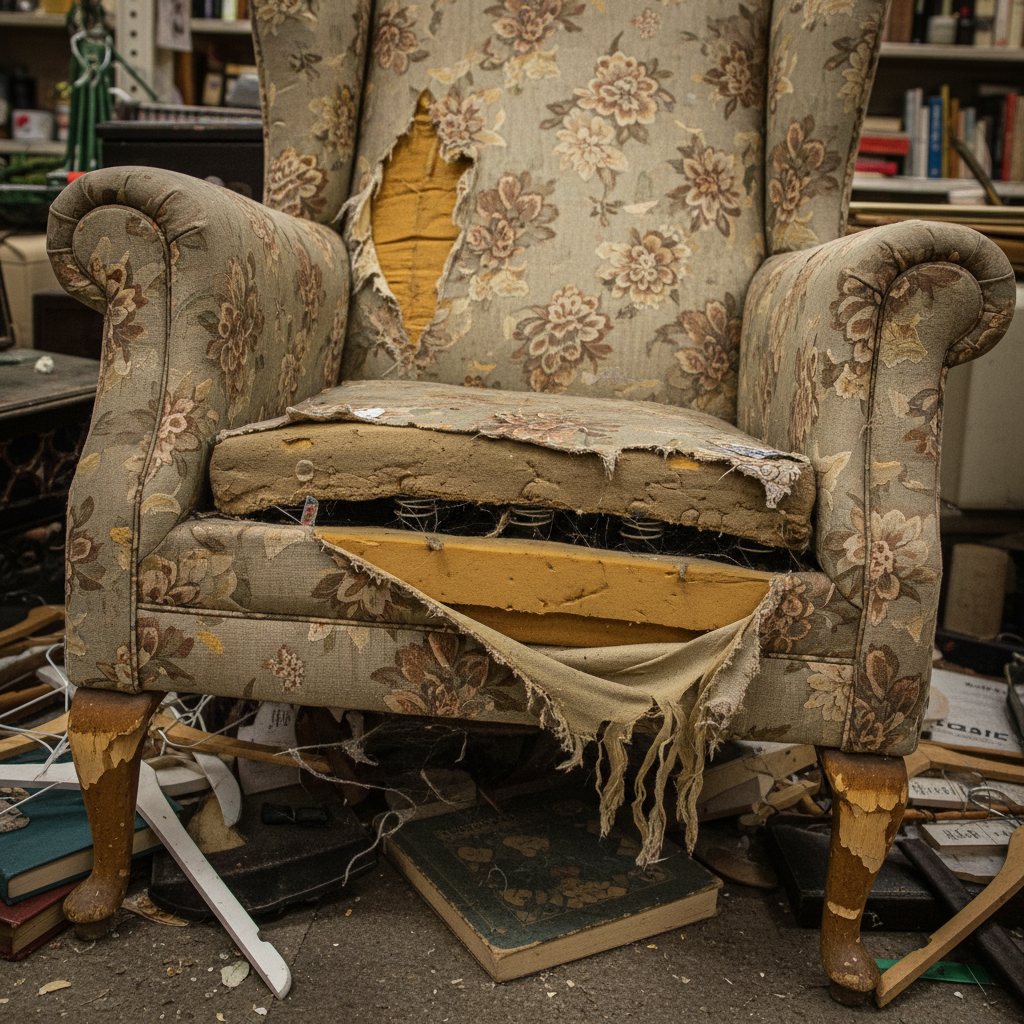 Grimy thrift store chair with torn fabric and worn legs