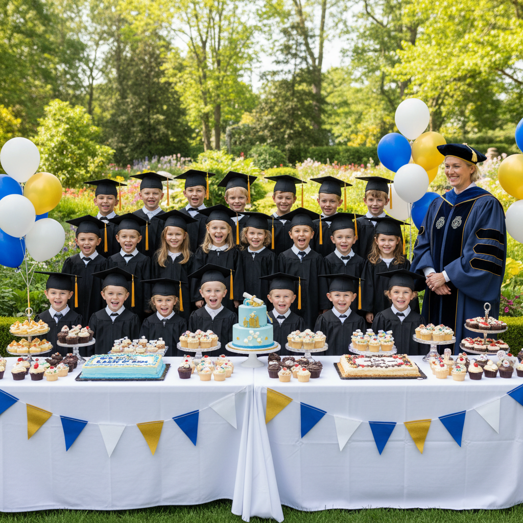 Children in graduation gowns and caps posing behind two decorated tables with cakes, accompanied by an adult in academic regalia at Hope Resilience Academy graduation celebration