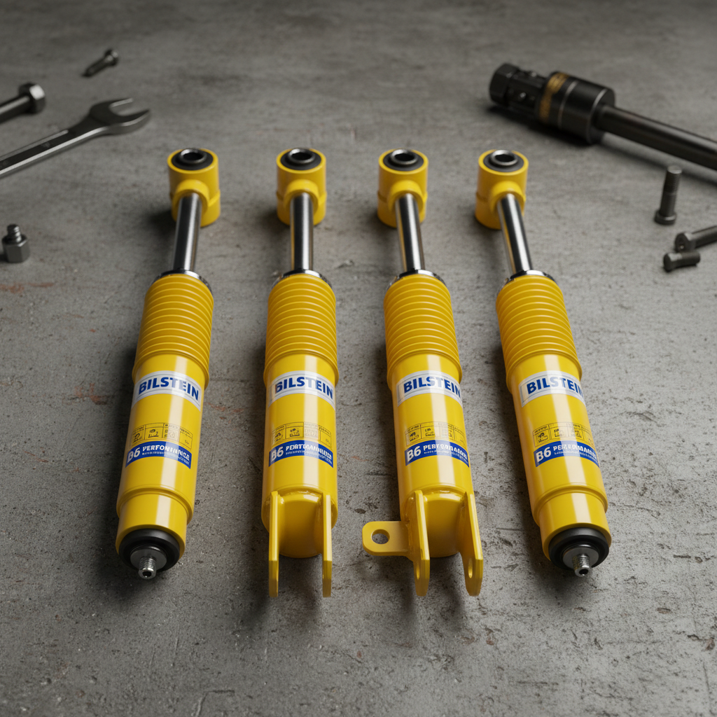 Set of four shock absorbers on a clean industrial surface, bright product lighting