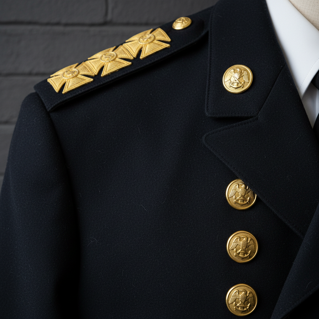Formal fire department dress uniform jacket with brass buttons and rank insignia on shoulder