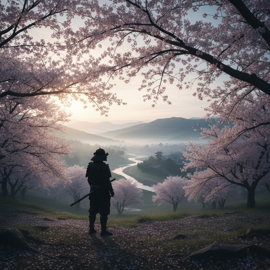 Feudal Japanese village at dusk with cherry blossom petals falling and a lone samurai silhouette against orange sky