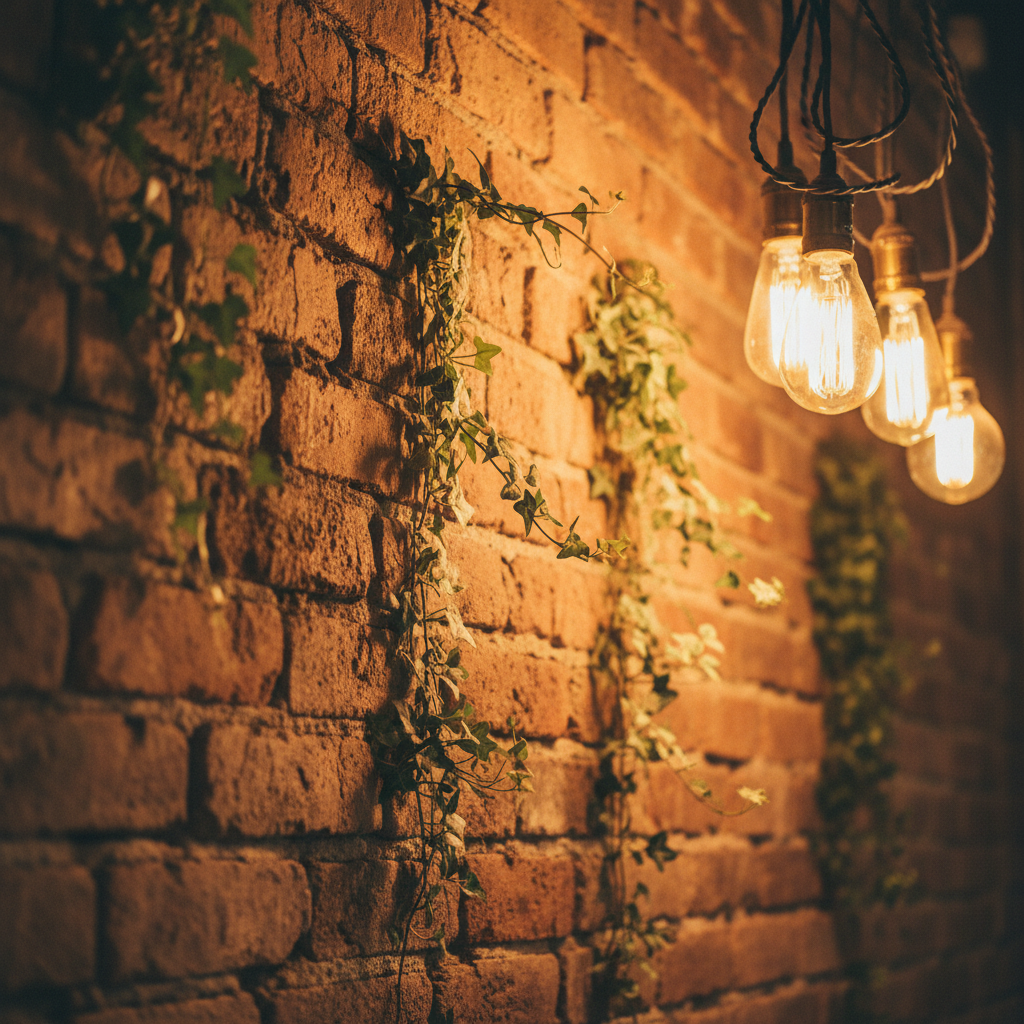 Close-up of exposed brick wall with trailing greenery and Edison bulbs in a loft venue