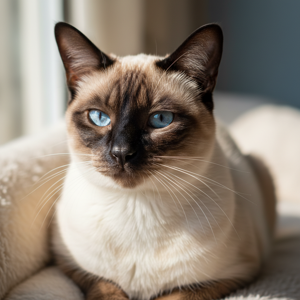 Siamese cat with clean glossy fur, calm expression, professional grooming result