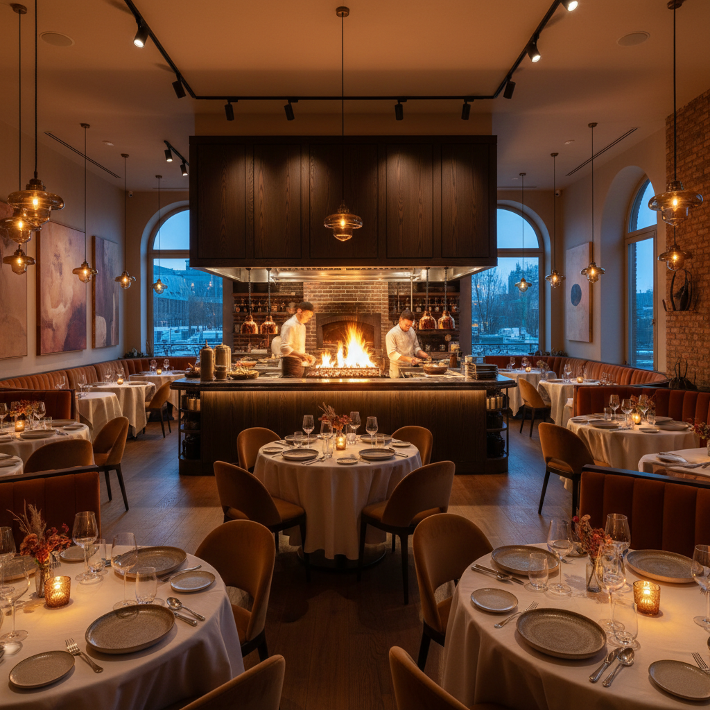 NextBite restaurant interior, warm amber lighting, intimate table settings with candles