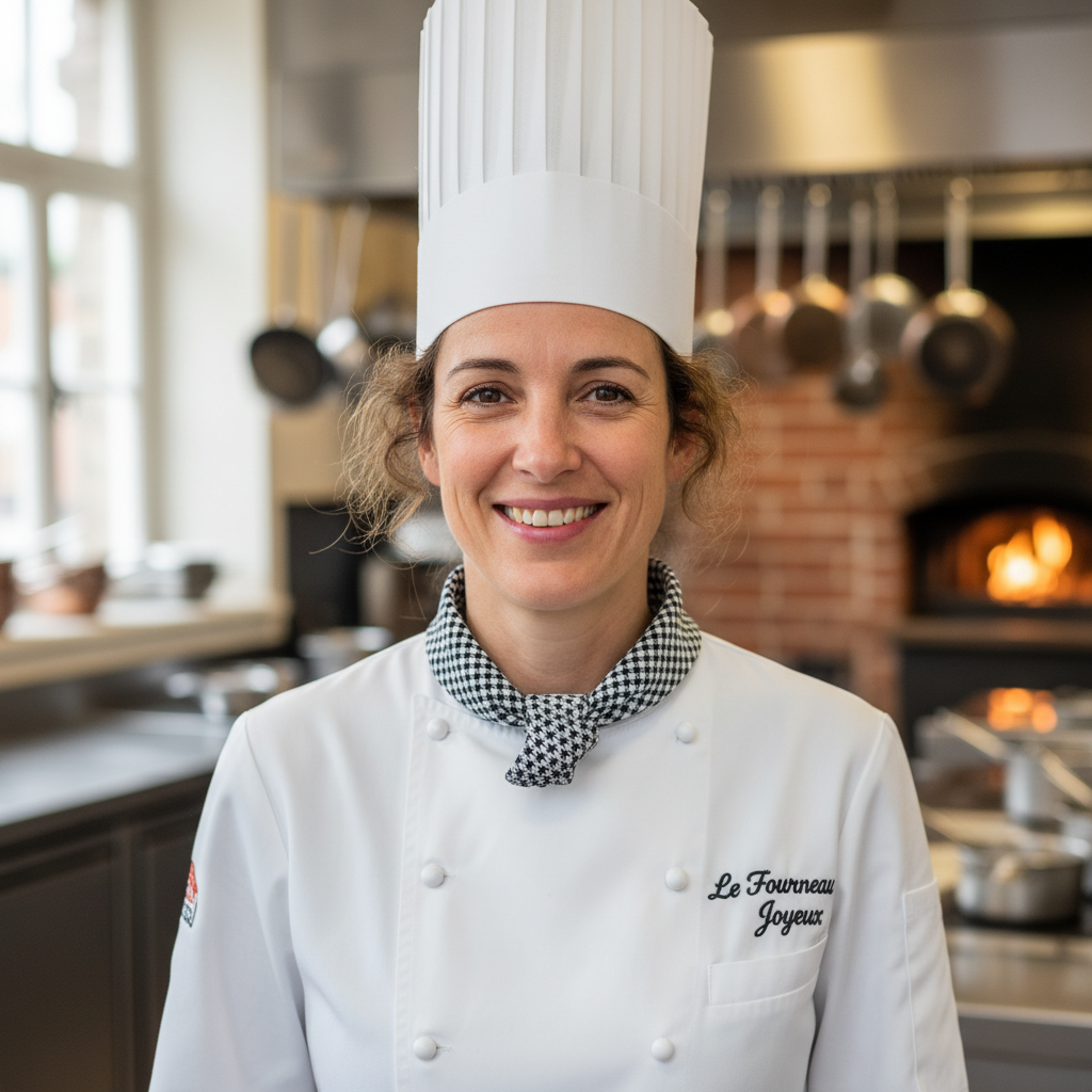 Professional chef in white uniform smiling in modern restaurant kitchen