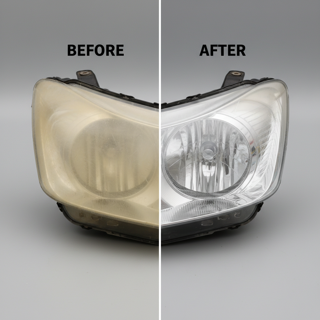 Crystal clear restored car headlight after professional restoration, bright and transparent lens