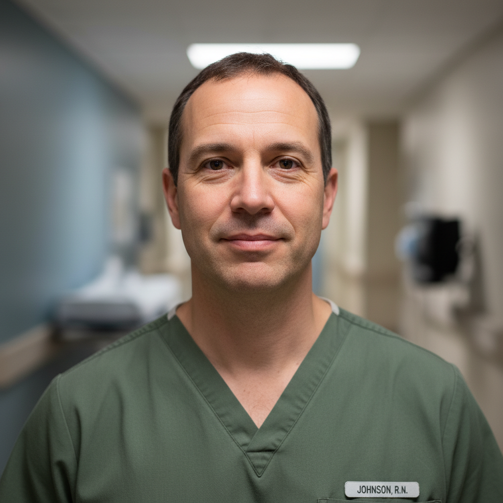 Male nurse in scrubs, looking directly at camera with quiet intensity, hospital corridor background softly blurred
