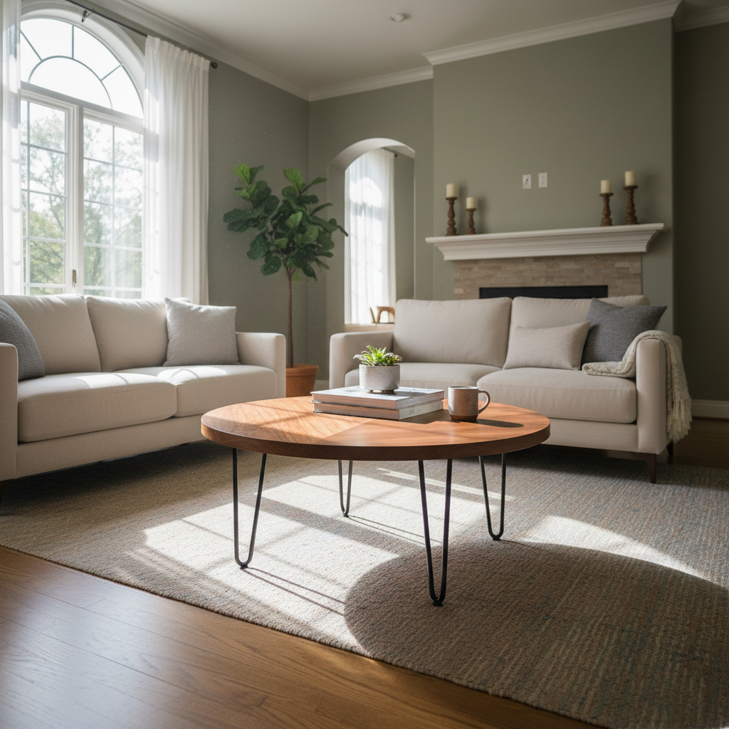 Natural edge walnut coffee table with live edge slab top, hairpin legs, modern living room