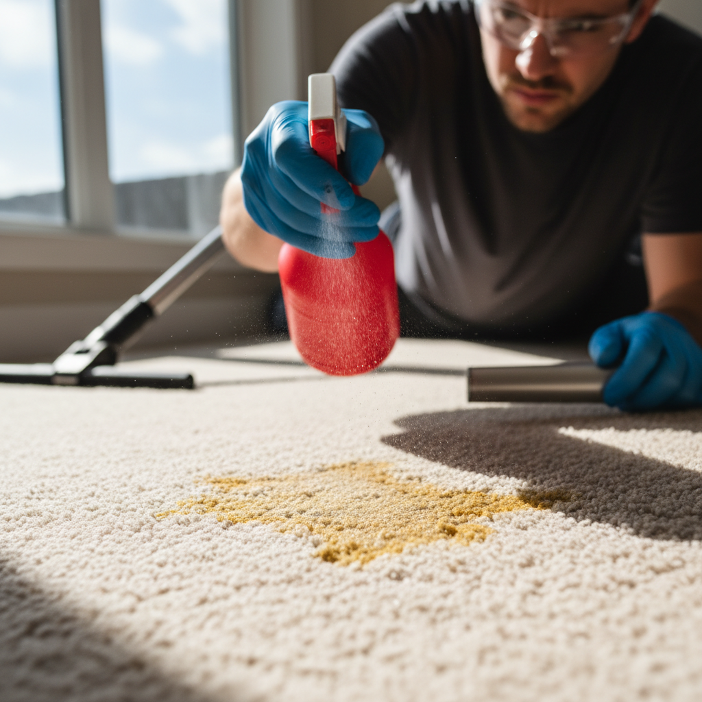 Professional cleaning technician inspecting carpet condition and identifying stain areas in a residential home