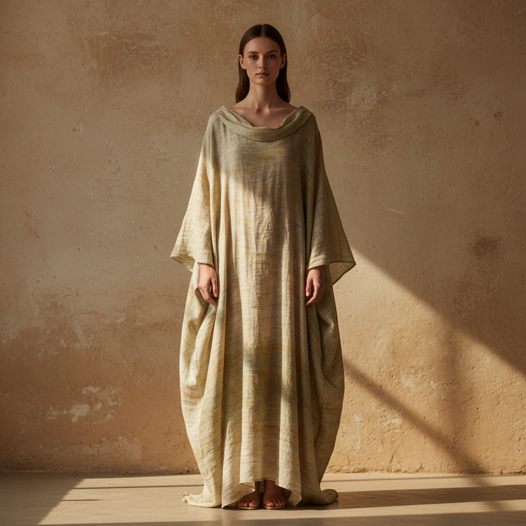 Elegant kaftan garment hanging on wooden hanger against dark wall, flowing fabric, rich color tones